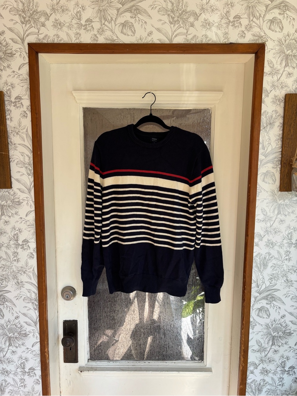 JCrew 100% Cotton Navy Striped Crewneck Sweater with Cream and Red Accent